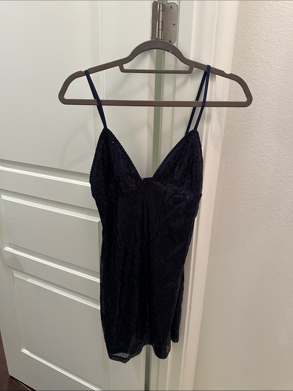 Navy Sequin Spaghetti Strap Mini Dress